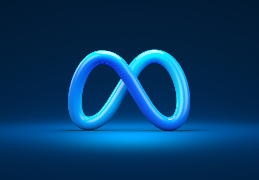Isolated Meta logo icon in 3D render. Meta, rebrand of Facebook, is a social media company focused on social metaverse, alternative world and VR virtual life